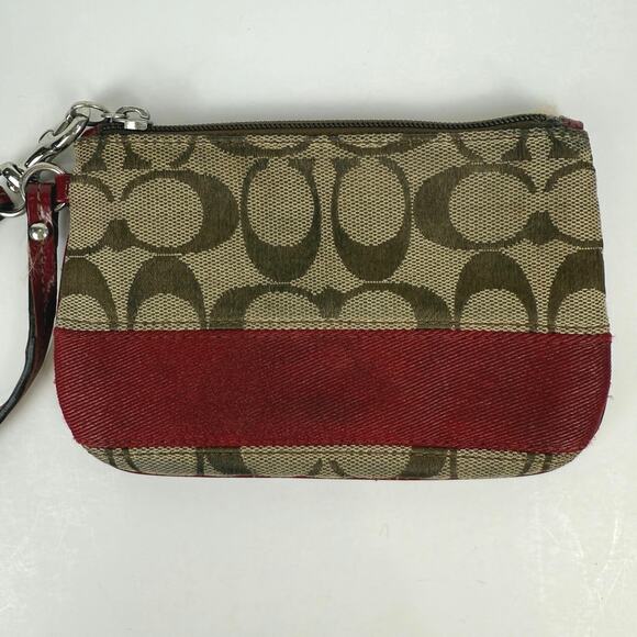 Coach Small Wristlet Signature Logo Tan Red Canvas Wrist Wallet Zipper - Picture 1 of 8
